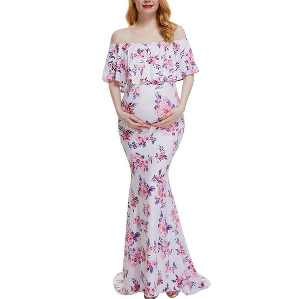 

maternity dresses women off shoulder ruffles maxi pography dress for po shoot props clothes elegant fitted baby shower, White