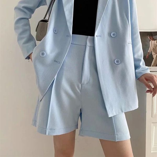 

women's shorts elegant blue high waist women suit 2021 summer solid wide leg casual straight short pants zipper female, White;black