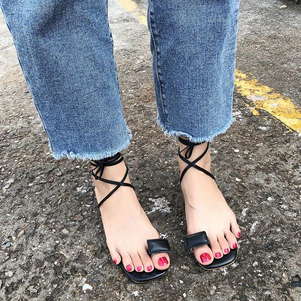 

sandals tide shoes toe strap 2021 student all-match women's flat, Black