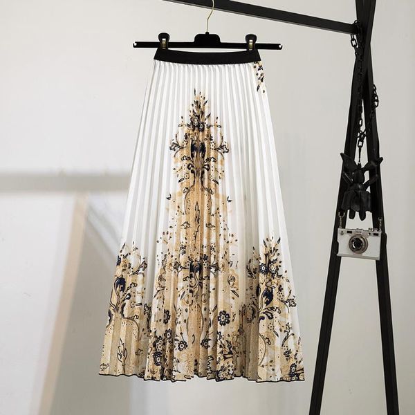 

skirts high waist summer mid long a-line women flower printed skirt female vintage pleated cute girls streetwear, Black