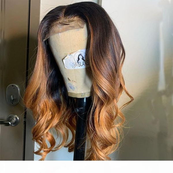 

lm ombre brown wave lace frontal wigs ombre honey wave brazilian virgin hiuman wig, Black;brown