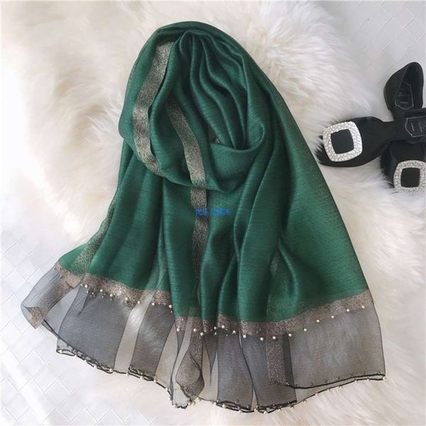 

designer spring autumn scarf women's classic black silk with gold lace and beaded shawl, Blue;black