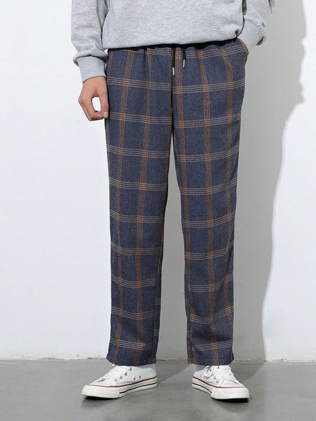 

men plaid drawstring waist pants 23wf#, Black