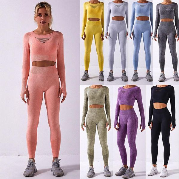 

yoga outfit women sets fitness solid breathable long sleeve crop high waist push up leggings sports joggings workout set