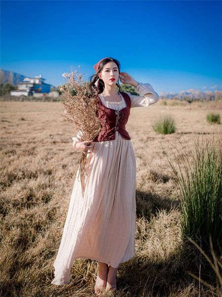 

casual dresses country mori girl vintage french cotton and linen leisure long dress spring summer lolita vestidos two piece set with vest sc, Black;gray