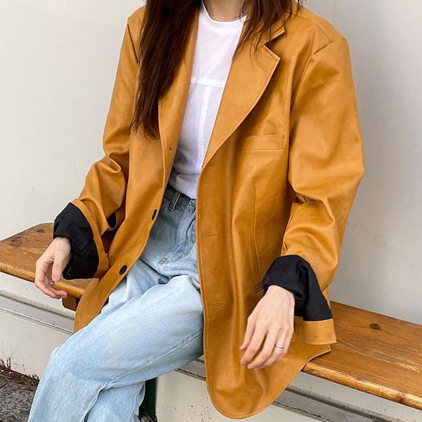 

women's jackets women 2021 autumn korea temperament ladies retro suit collar single breasted leisure motorcycle leather coat, Black;brown