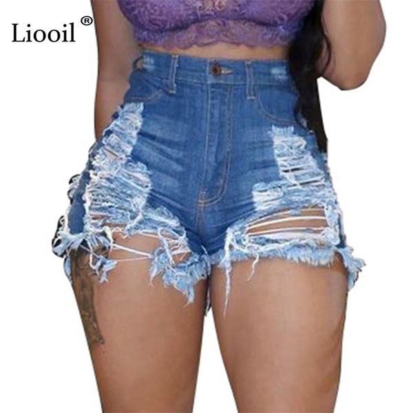 

liooil plus size blue ripped denim shorts women rave clothes summer 2021 streetwear high waist hollow out hole jean shorts 210317, White;black