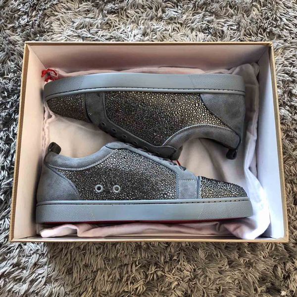 

paris handmade shoe red bottom spiked junior man grey suede strass rhinestone sneakers men shoes factory wholesale, Black