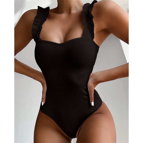 Vintage Swimsuit Mulheres Ruffle Strap Swimwear Feminino Feminino Push Up Monokini Poliche Praia Banhando Ternos Preto Bodysuits 210611