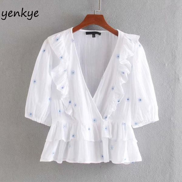 

women's blouses & shirts sweet ruffle floral embroidery blouse shirt women cross v neck half sleeve white crop blusas fashion summer to