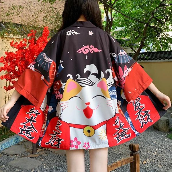 

ethnic clothing loose beach cardigan asian fashion red black lucky cat women harajuku japanese kimono cosplay style blouse yukata