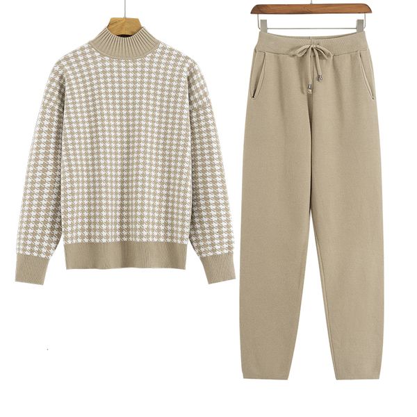 

houndstooth 2021 new knit women sweater costume thick turtleneck winter oversized casual loose pullover sweaters 2 pieces sets a12y, White;black