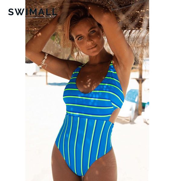 

2021 new backless one piece swimsuit women high cut swimwear push up bathing suit striped print monokini brazilian