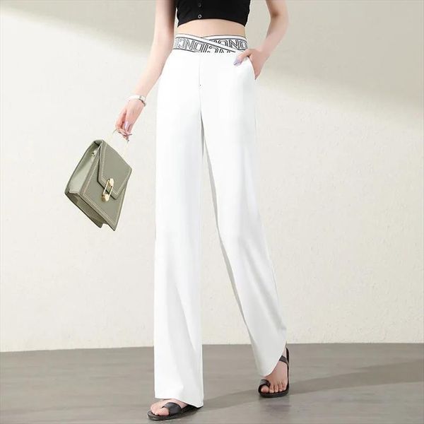 

high waist drape letters elastic women pants wide leg summer was thin straight loose trousers white a125, Black;white