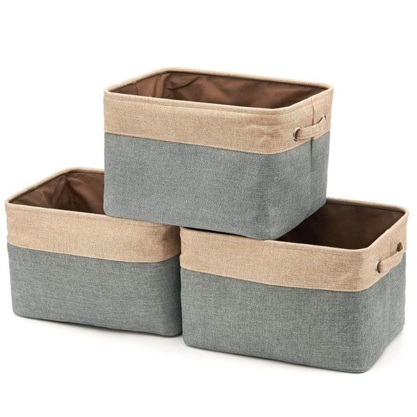 

storage boxes & bins collapsible bin basket [3-pack] foldable canvas fabric tweed square set with handles for home office close