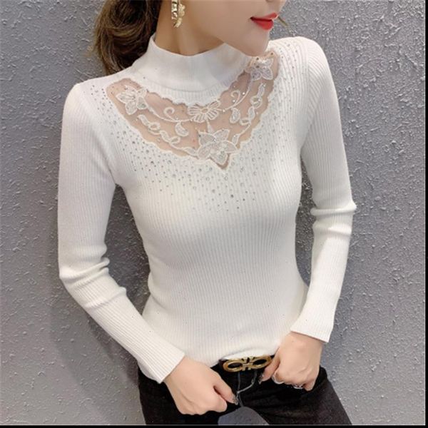 

spring sweater women diamonds lace mesh transparent half turtleneck pullover long sleeve knit jumper jersey de mujer t9d801y, White;black
