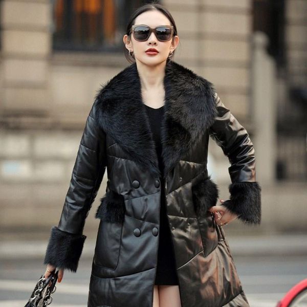 

women's fur & faux elegant winter real coat women genuine leather down jacket fashion office ladies wool collar slim double breasted ov, Black