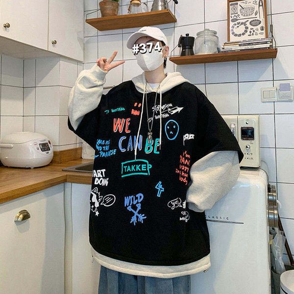 

hip-hop mode graffiti velo male hoodie two-piece j2zc, Black