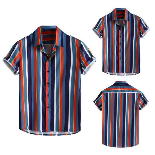 

2021 summer short sleeve men's stripe shirts stylish summer shirt men hawaii casual male printing beach holiday plus size -3xl, White;black