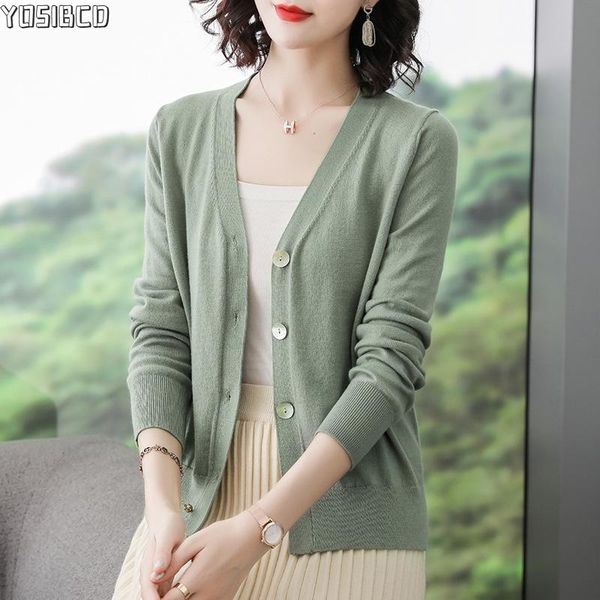 

yosibcd women 2021 fashion with buttons knitted cardigan sweater vintage v long sleeve female outerwear chic, White