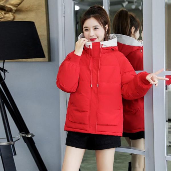 

solid hooded thicken warm short down cotton coats women korean style zippers pockets bread coats female fashion hardy jackets, Black