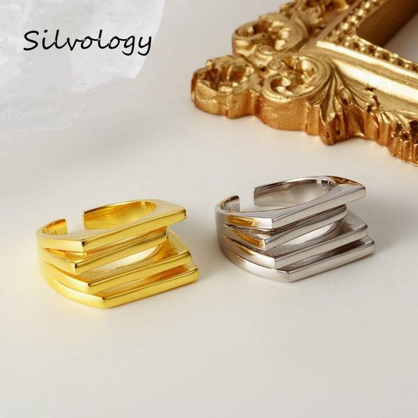 

cluster rings silvology 925 sterling silver multi-layer original openwork thick wide for women fashionable jewelry, Golden;silver
