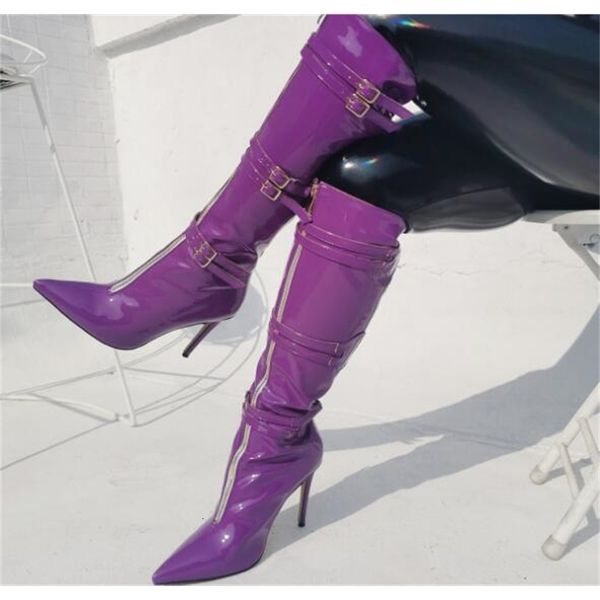 

boots the transport of the purple female droplet patent lear pointed knee-high boots lady zipper front skinny stiletto 85fd, Black