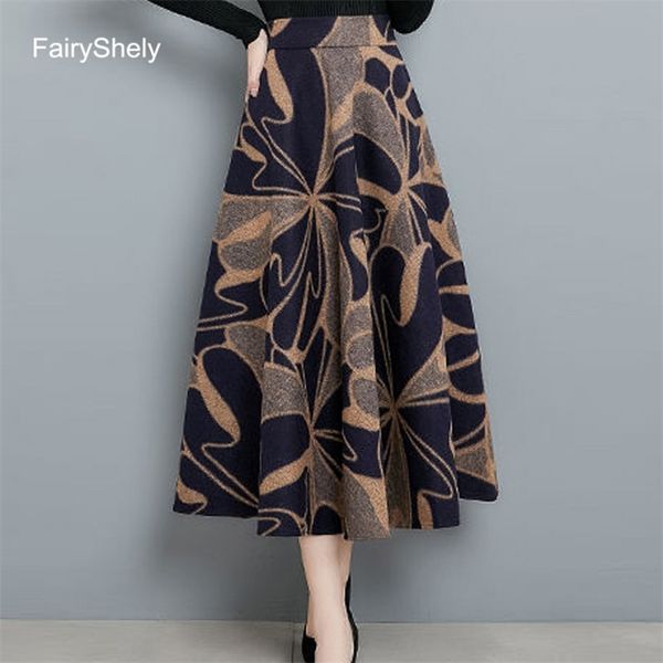 

fariyshely vintage print high waist pleated skirt women autumn winter woolen long skirt flared poncho midi skirt plus size 210315, Black