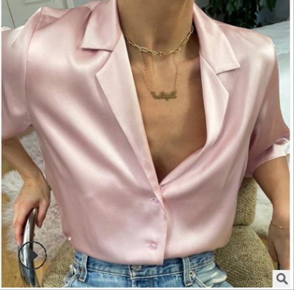 

summer women fashion short sleeve satin solid color suit shirt, collar neck street daily wear elegant silk shirts blouse, White