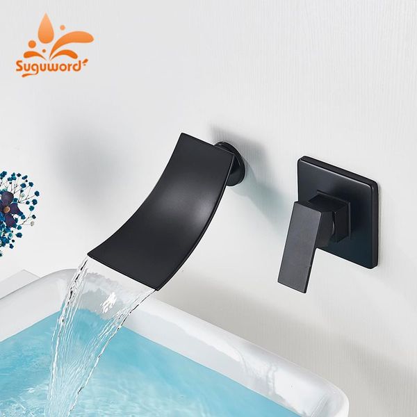 

suguword concealed bathroom basin faucet simple nordic style matte black waterfall wall mounted mixer tap for vessel sink