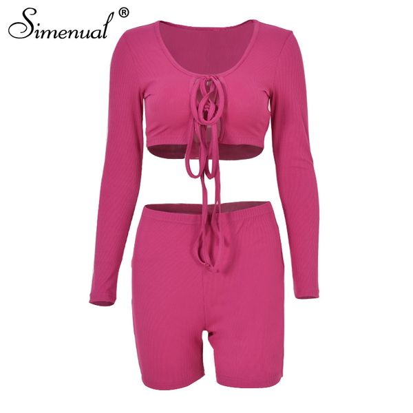 

ribbed crop and biker shorts 2 piece set for women bandage knit sporty bodycon long sleeve pink matching set solid, White;black