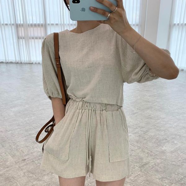 

women's tracksuits korean chic simple o neck loose lantern sleeve shirts women + high waist pleated large pocket casual shorts two piec, Gray