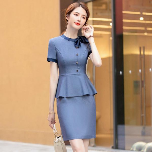 

two piece dress summer short sleeve formal professional business suits 2 set with skirt and for women office work wear blazers, White