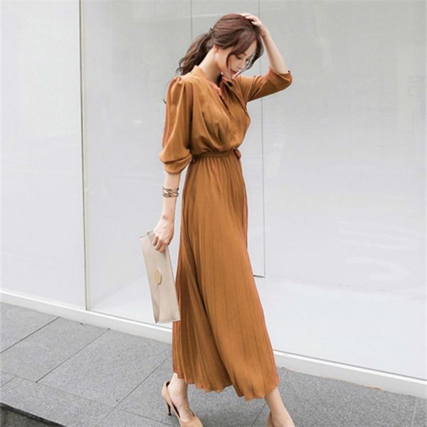 

women's dress spring pleated fashion new plaid slim high wasit long temperament office female dresses long sleeve casual 210302, Black;gray