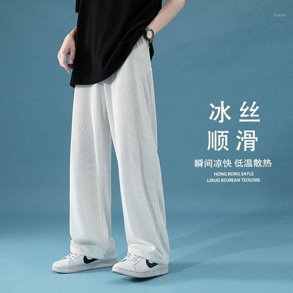 

men's pants summer pleated fashion black white casual men streetwear loose straight wide-leg mens ice silk