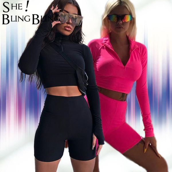 

sheblingbling neon fitness 2 piece set women clothing set long sleeve crop gym high waist shorts cycling set female outfits t200810, White