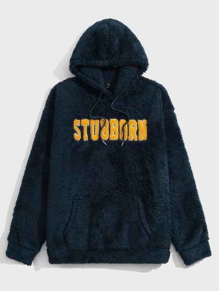 

men letter patch kangaroo pocket fleece hoodie t0eq#, Black