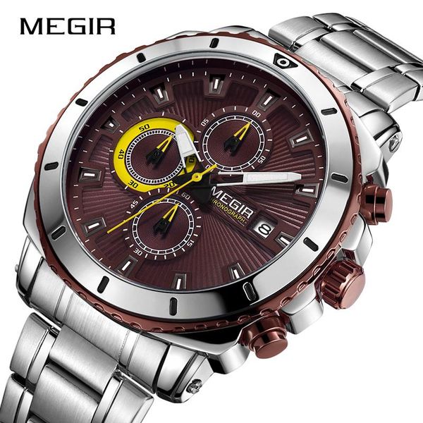 

wristwatches 2021megir chronograph sports men watch stainless-steel business calander male clock relogio masculino, Slivery;brown