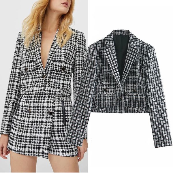 

Vintage 2021 New Black White Tweed Plaid Cropped Jacket Women Autumn Collared Long Sleeve Office Ladies Elegant Short Jackets Urje 5DLF, Black;brown