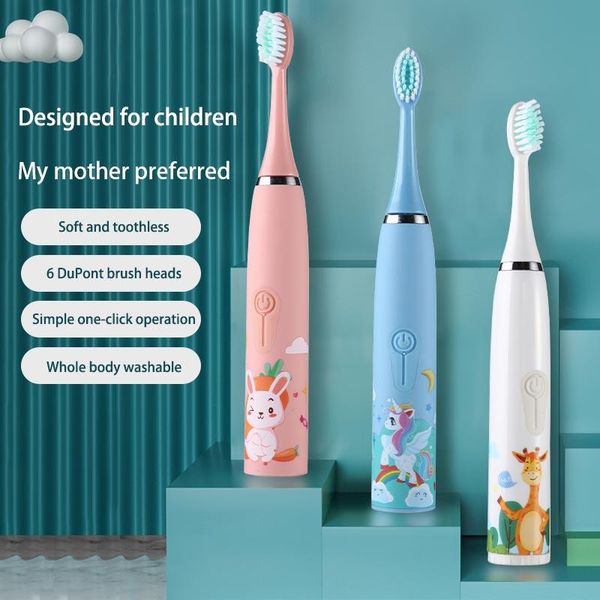 

smart electric toothbrush children's kids 3 to 12 years old cleaning care oral bacteria 6 replacement brush heads usb charging