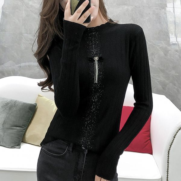 

2021 new fall winter fashion slim turtleneck women sweater high elastic bow solid knitted pullovers soft pull t07805b 4szu, White;black