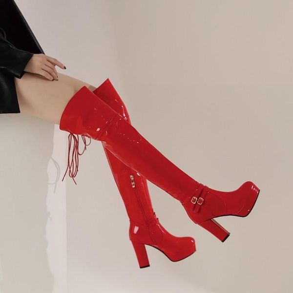 

boots stage performance knee patent leather bar nightclub pole dancer back strap black and white red