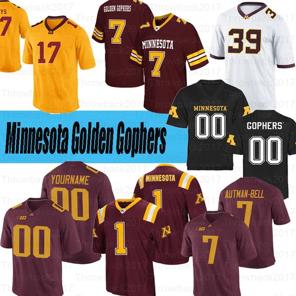 

custom minnesota golden gophers football jersey #2 tanner morgan #6 tyler johnson #7 eric decker #11 antoine winfield jr. jerseys, Black
