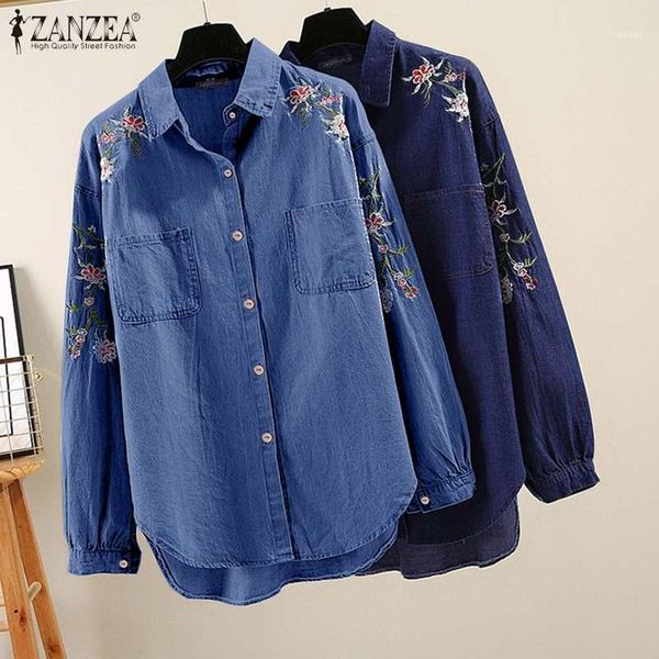 

women's blouses & shirts fashion women long sleeve denim casual embroidery blouse female lapel neck buttons down work 5xl blusas robe1, White