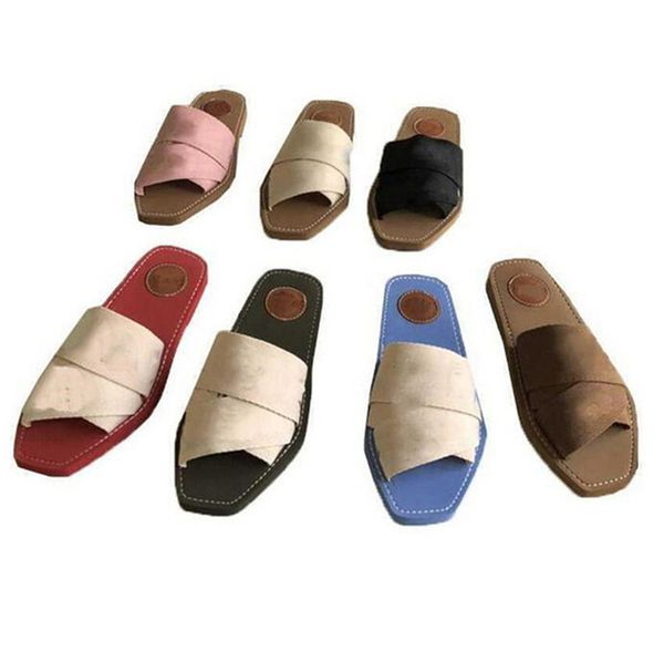 

2022 branded women woody mules flat slipper deisgner canvas print lady lettering fabric outdoor leather sole slide sandal flip flops, Black