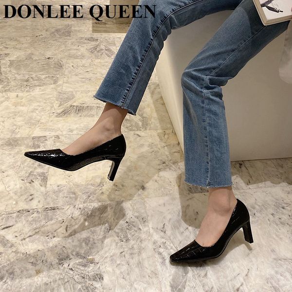 

2020 new women square toe pumps solid color high heels 7cm shoes women concise office lady daily party footwear zapatillas mujer, Black