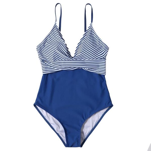 

womens one-piece swimsuit cross wrap front deep v-neck monokini bikini striped print contrast color patchwork tummy control