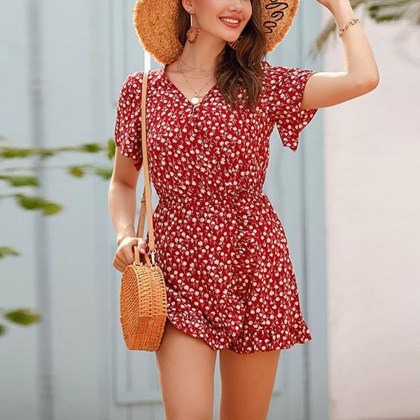 

women's jumpsuits & rompers playsuit women summer 2021 printed lace-up v-neckshort-sleeved shorts ladies fashion loose beach jumpsuit 2, Black;white