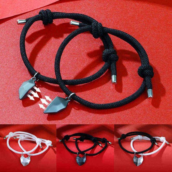 

2pcs couple minimalist heart lovers matching friendship bracelet rope braided magnetic distance kit lover jewelry gift, Golden;silver