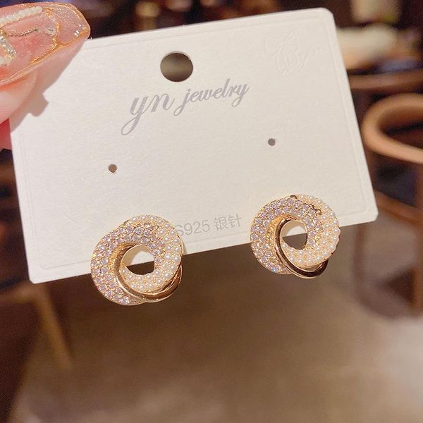 

stud ins luxury 14k real gold minimal inlaid pearl circle simple earrings for women cubic zircon zc, Golden;silver